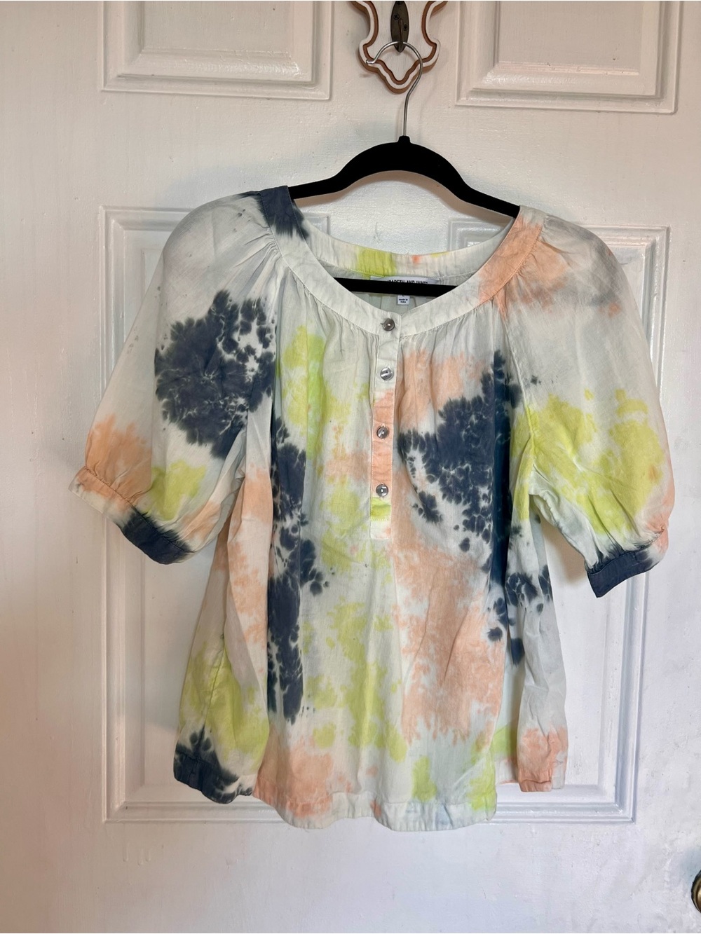 Elizabeth & James | Tie-Dye Peasant Blouse in Navy, Peach & Lime